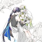  1boy 1girl adapted_costume aged_up alternate_hair_length alternate_hairstyle aqua_trim armor bare_shoulders black_bodysuit black_shorts blue_cape blunt_ends bodysuit braid bridal_gauntlets cape closed_mouth collarbone colored_tips commentary_request couple dress eyelashes flat_chest floral_border flower furisode genshin_impact gold_trim gradient_hair green_eyes green_hair grey_bridal_gauntlets grey_hair hair_between_eyes hair_tie halterneck hetero highres japanese_armor japanese_clothes kimono kote kurokote leaf long_hair long_sleeves looking_at_viewer multicolored_hair nahida_(genshin_impact) pointy_ears purple_eyes purple_sash rose sash scaramouche_(genshin_impact) shimizumikann shorts showgirl_skirt side_braids side_cape sideways_mouth single_off_shoulder turtleneck turtleneck_bodysuit twin_braids very_long_hair wanderer_(genshin_impact) white_background white_dress white_flower white_hair white_kimono white_rose white_sleeves white_trim 