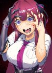  1girl absurdres black_ribbon blue_eyes breasts chaos_zero_nightmare collared_shirt commentary_request crazy crying crying_with_eyes_open diamond-shaped_pupils diamond_(shape) dyun elbow_gloves gloves hair_intakes hair_ribbon hands_on_own_face highres large_breasts long_hair long_sidelocks looking_at_viewer necktie open_mouth purple_hair purple_necktie purple_ribbon raised_inner_eyebrows rei_(chaos_zero_nightmare) ribbon shirt short_sleeves sidelocks single_elbow_glove solo splatter sweat symbol-shaped_pupils tears two-tone_ribbon upper_body white_shirt 