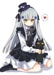  1girl alternate_costume animal apron bangs black_apron black_cat black_legwear blunt_bangs blush cat checkered checkered_neckwear closed_mouth dress eyebrows_visible_through_hair facial_mark frills girls_frontline green_eyes hair_ornament hairband hat heart hk416_(girls_frontline) holding holding_animal holding_cat long_hair long_sleeves mini_hat murakami_meishi ribbed_legwear silver_hair simple_background sitting socks solo teardrop white_background white_dress 