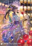  1girl aerial_fireworks ashrina_(chain_chronicle) belly_chain black_hair blush bottle bracelet breasts candy_apple chain chain_chronicle closed_mouth commentary_request copyright_notice dark-skinned_female dark_skin fireworks food foot_out_of_frame frilled_thigh_strap furisode_sleeves gold_bracelet gold_chain gold_hairband grey_eyes hagoromo hairband headpiece hitowa holding holding_bottle holding_candy_apple holding_food japanese_clothes jewelry kimono lantern large_breasts layered_kimono long_hair looking_at_viewer obi official_alternate_costume official_art paper_lantern ponytail ramune sash see-through_clothes see-through_sleeves shawl short_kimono sideless_kimono smile solo thigh_strap 