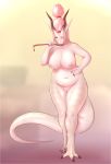  absurd_res anthro areola breasts cutlery dragon female full-length_portrait hair hand_on_hip hi_res horn imori kitchen_utensils light_scales long_horn nipples nude one_eye_closed pink_areola pink_hair pink_nipples portrait pussy pustyxox red_eyes scales scalie simple_background slightly_chubby solo spoon standing tan_scales tools 
