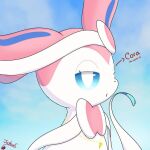  ambient_among_us blue_inner_ear blue_sclera bored broken_heart_necklace directional_arrow eeveelution female feral generation_6_pokemon gradient_eyes heart_necklace heart_symbol joshuas nintendo pink_body pokemon pokemon_(species) portrait pupils red_text ribbons_(anatomy) signature simple_background solo spanish_text sylveon text three-quarter_portrait translation_check translation_request white_body white_pupils 