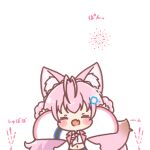  1girl :d ^_^ aerial_fireworks animal_ear_fluff animal_ears antenna_hair blush_stickers braid chibi closed_eyes collared_shirt commentary_request crown_braid double_bun facing_viewer fang fireworks hair_bun hakui_koyori hakui_koyori_(1st_costume) highres hololive jacket long_hair long_sleeves midriff mitarashi_neko navel necktie open_clothes open_jacket pink_hair pink_necktie shirt simple_background sleeves_past_wrists smile solo tail translation_request upper_body very_long_hair virtual_youtuber white_background white_jacket white_shirt wide_sleeves 