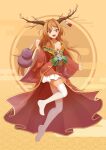  1girl absurdres alternate_costume breasts brown_horns chinese_commentary circle collarbone commentary_request egasumi floral_print floral_print_kimono flower full_body gold_trim gourd hehejiu highres holding holding_gourd horns ibuki_suika japanese_clothes kimono long_hair medium_breasts off_shoulder oni orange_eyes orange_hair pink_flower print_kimono red_kimono seigaiha solo teeth thighhighs touhou upper_teeth_only very_long_hair white_thighhighs 