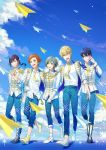  5boys blonde_hair blue_hair epaulettes fingerless_gloves full_body gloves grey_hair highres idol_clothes igarashi_hiro konno_azusa kurumizawa_takumi kuze_misuki male_focus multiple_boys necktie nishikido_samon official_art orange_hair purple_hair readyyy! smile 