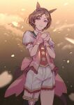  1girl animal_ears ascot black_thighhighs blush breasts brown_hair commentary_request flower-shaped_pupils flower_in_eye garter_straps hair_ornament horse_ears horse_girl horse_tail looking_at_viewer oki_(koi0koi) open_mouth pink_ascot pink_eyes pink_vest puffy_sleeves purple_eyes sakura_laurel_(saisir_le_reve)_(umamusume) sakura_laurel_(umamusume) shirt short_hair short_sleeves shorts single_thighhigh smile solo symbol-shaped_pupils symbol_in_eye tail thighhighs umamusume vest white_shorts 
