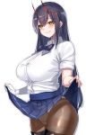  1girl absurdres azur_lane black_hair black_legwear blue_skirt blush breasts closed_mouth elbow_gloves gloves hair_between_eyes hair_ornament highres large_breasts lifted_by_self long_hair looking_at_viewer oni_horns panties panties_under_pantyhose pantyhose pleated_skirt school_uniform shirt short_sleeves simple_background single_glove skirt skirt_lift smile solo standing suzuya_(azur_lane) thighband_pantyhose underwear very_long_hair white_background white_gloves white_shirt yamanokami_eaka yellow_eyes 