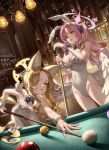  2girls absurdres alternate_costume animal_ear_fluff animal_ears ball bare_shoulders billiard_ball blonde_hair blue_archive bow bowtie breasts cleavage covered_navel detached_collar fake_animal_ears fox_ears fox_girl hair_bow halo highres indoors large_breasts leotard long_hair mika_(blue_archive) mouth_hold multiple_girls myless pantyhose parted_lips pink_hair playboy_bunny pool_table rabbit_ears scrunchie seia_(blue_archive) standing table traditional_bowtie very_long_hair white_bow white_leotard white_pantyhose wing_collar wrist_scrunchie 