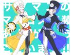  2boys ascot black_gloves black_hat blue_ascot drop_shadow emmet_(pokemon) emmet_(sygna_suit)_(pokemon) gloves grey_eyes grey_hair hat highres ingo_(pokemon) ingo_(sygna_suit)_(pokemon) looking_at_viewer male_focus multiple_boys neko0202 official_alternate_costume open_mouth pokemon pokemon_masters_ex siblings twins white_gloves white_hat yellow_ascot 