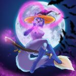 absurd_res ambient_bat anthro belassa blue_body blue_hair breasts broom broom_riding butt canid canine canis cleaning_tool clothing crossed_legs dipstick_tail female genitals gloves_(marking) hair hat headgear headwear heart_symbol hi_res holidays leg_markings light looking_down magic mammal markings moonlight night_star_(wolf) nipples nude socks_(marking) solo tail tail_markings witch_hat wolf yellow_eyes
