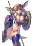  1girl armor ass_visible_through_thighs bandaid bandaid_on_face bikini_armor blue_eyes blue_legwear breasts brown_hair cleavage commentary_request gauntlets green_eyes head_wings highres holding holding_sword holding_weapon invisible_chair large_breasts leg_up looking_at_viewer masao medium_hair navel original reverse_grip shield single_pauldron sitting solo sword thighhighs thighs tiara weapon 