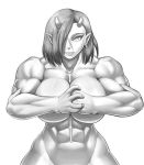  abs breasts doburokumaru9 earrings elf-san_wa_yaserarenai. fang fist_in_hand greyscale horns jewelry large_breasts looking_at_viewer monochrome muscle muscular_female navel nude oga-san oni pointy_ears 