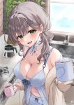  1girl :d babydoll blue_babydoll blue_choker breasts cardigan cardigan_partially_removed choker cleavage coffee commentary_request cup day front_slit green_eyes grey_hair hair_ornament hair_rings hairclip highres holding holding_cup hololive incoming_drink jewelry large_breasts looking_at_viewer medium_hair navel necklace official_alternate_costume official_alternate_hairstyle open_mouth pecco_(pecco297) ribbon_choker shirogane_noel shirogane_noel_(sleepwear) single_hair_ring smile solo virtual_youtuber white_cardigan 