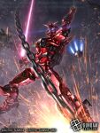  ball_and_chain_(weapon) chain commentary_request copyright_notice duel energy_sword glowing glowing_eyes gundam gundam_card_game gundam_gquuuuuux hitting lens_flare logo mecha mecha_focus mobile_suit motion_blur no_humans official_art realistic red_gundam robot science_fiction soezy space sparks sunrise_(company) sword thrusters title v-fin war weapon zeon zero_gravity 