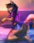  absurd_res anthro bed bottomwear butt canid canine canis clothed clothing domestic_dog eri-yo female hi_res kneeling looking_at_viewer lucy_fuchsjager mammal no_underwear skirt solo tongue tongue_out 