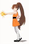  1girl ai-assisted angry black_shoes bliss_(kuku88) brown_hair child colokhan commentary dress dress_shoes energy english_commentary from_side high_ponytail highres long_hair orange_dress orange_eyes original pantyhose pointing ponytail powerpuff_girls shoes short_dress sleeveless very_long_hair white_background white_pantyhose 