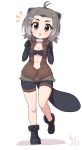  1girl :o american_beaver_(kemono_friends) animal_ears beaver_ears beaver_tail bike_shorts bike_shorts_under_shorts black_footwear boots breasts brown_eyes center_opening cleavage clenched_hands cutoffs dated full_body grey_hair hair_ornament hairclip hands_up highres kemono_friends looking_at_viewer medium_breasts medium_hair navel ransusan short_shorts shorts simple_background solo tail white_background 