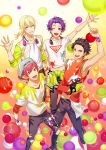  4boys backwards_hat blonde_hair brown_hair fujiwara_soushi hat highres idol_clothes iseya_zen looking_at_viewer male_focus multiple_boys official_art pink_hair purple_hair readyyy! sanada_junnosuke takachiho_aki 