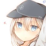  1girl :t arm_up blue_eyes commentary_request hat hibiki_(kantai_collection) kantai_collection long_hair pout school_uniform serafuku silver_hair solo sorahachi_(sora823) squiggle upper_body 