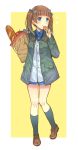  1girl apple bag bangs black_legwear blue_bow blue_eyes blue_shirt blunt_bangs bow brave_witches bread brown_footwear brown_hair closed_mouth coat commentary dress_shirt eyebrows_visible_through_hair food fruit full_body georgette_lemare grey_coat grocery_bag hair_bow heart holding holding_bag holding_lollipop jacket light_blush loafers looking_to_the_side medium_hair military military_uniform no_pants open_clothes open_coat outside_border shirt shoes shopping_bag simple_background smile socks solo standing standing_on_one_leg totonii_(totogoya) twintails uniform white_jacket wing_collar world_witches_series yellow_background 