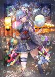  1girl aerial_fireworks asymmetrical_legwear blue_hair blurry blush bokeh braid braided_ponytail chain_chronicle commentary_request copyright_notice cotton_candy depth_of_field detached_sleeves fireworks food food_stand foot_out_of_frame frilled_kimono frilled_sleeves frills gradient_hair grey_eyes hand_fan hitowa holding holding_cotton_candy holding_fan holding_food jacket japanese_clothes katya_(chain_chronicle) kimono kimono_skirt lantern lolita_fashion long_hair looking_at_viewer multicolored_hair obi obiage obijime official_alternate_costume official_alternate_hairstyle paper_fan paper_lantern purple_hair purple_sash sash short_kimono simple_background single_thighhigh sleeveless sleeveless_kimono smile solo sparkle split_ponytail summer_festival thighhighs two-sided_fabric two-sided_jacket uchiwa uneven_legwear wa_lolita water_yoyo wide_sleeves 