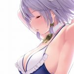  1girl amisu armpits arms_up bangs bikini blue_bikini bow bowtie braid breasts closed_eyes commentary_request detached_collar eyebrows_visible_through_hair frills from_side green_bow green_neckwear hair_bow izayoi_sakuya large_breasts profile short_hair silver_hair simple_background solo swimsuit touhou twin_braids upper_body white_background 