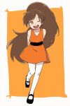  1girl ai-assisted arms_behind_back big_hair black_shoes bliss_(kuku88) brown_hair colokhan commentary dress dress_shoes english_commentary full_body high_ponytail highres long_hair one_eye_closed orange_background orange_dress orange_eyes original pantyhose ponytail powerpuff_girls shoes short_dress sleeveless solo very_long_hair white_background white_pantyhose 