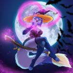 absurd_res ambient_bat anthro belassa blue_body blue_hair bottomwear broom broom_riding butt canid canine canis cleaning_tool clothing crossed_legs dipstick_tail female gloves_(marking) hair halloween hat headgear headwear heart_symbol hi_res holidays leg_markings light looking_down magic mammal markings moonlight night_star_(wolf) panties skirt socks_(marking) solo tail tail_markings underwear witch_hat wolf yellow_eyes