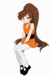  1girl ai-assisted big_hair black_shoes bliss_(kuku88) brown_hair colokhan commentary dress dress_shoes english_commentary full_body high_ponytail highres long_hair looking_at_viewer orange_dress orange_eyes original pantyhose ponytail powerpuff_girls shoes short_dress sitting sleeveless smile very_long_hair white_background white_pantyhose 