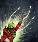  2017 ambiguous_gender armor english_description fallout ghoul_(fallout) glowing glowing_body glowing_one_(fallout) googie_aesthetic headgear helmet hi_res holding_armor holding_headgear holding_helmet holding_object humanoid jason_bright_(fallout) leona-florianova microsoft missing_nose new_vegas not_furry outstretched_hand rocket_ship side_view solo spacesuit 