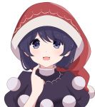  1girl :d bangs black_dress blue_eyes blue_hair blush commentary doremy_sweet dress english_commentary eyebrows_visible_through_hair finger_to_chin hand_up hat looking_at_viewer nightcap open_mouth pom_pom_(clothes) red_headwear short_hair short_sleeves simple_background smile solo touhou upper_body white_background yukome 