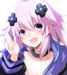  1girl :d adult_neptune black_choker blush breasts choker cleavage collarbone d-pad d-pad_hair_ornament doria_(5073726) hair_between_eyes hair_ornament hand_gesture hood hooded_jacket jacket long_hair looking_at_viewer neptune_(series) open_mouth purple_eyes purple_hair shin_jigen_game_neptune_vii simple_background smile solo upper_body white_background 