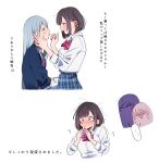  1other 25-ji_nightcord_de._(project_sekai) 3girls 3s3677804311973 akiyama_mizuki applying_another's_makeup applying_lipstick applying_makeup asahina_mafuyu blue_eyes blue_jacket blush bow bowtie braid breasts brown_eyes brown_hair collared_shirt commentary_request constricted_pupils cosmetics dress_shirt eye_contact grey_hair highres holding holding_lipstick_tube jacket lipstick_tube long_hair looking_at_another medium_breasts multiple_girls nose_blush open_mouth pink_bow pink_bowtie plaid_clothes plaid_skirt pleated_skirt project_sekai purple_shirt school_uniform shinonome_ena shirt shirt_tucked_in short_hair side_braid sidelocks simple_background skirt sleeves_rolled_up small_breasts speech_bubble sweat swept_bangs track_jacket translation_request trembling very_long_hair white_background white_shirt wing_collar yoisaki_kanade yuri 