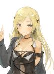  1girl blonde_hair braid breasts chan1moon cleavage earrings eyebrows_visible_through_hair french_braid girls_frontline grey_eyes highres jacket jewelry k5_(girls_frontline) medium_breasts open_clothes open_jacket pointing solo 