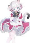  1girl animal_ears apron bare_legs bell black_gloves blue_eyes cat_ears cat_tail croma_mhach food gloves highres holding holding_food maid maid_apron multicolored_hair neck_bell ribbon sephie_(shadowverse) shadowverse short_hair streaked_hair tail taiyaki wagashi white_hair 