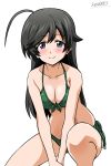  1girl ahoge between_legs bikini black_eyes black_hair blush breasts cleavage closed_mouth collarbone eyebrows_visible_through_hair front-tie_bikini front-tie_top girls_und_panzer green_bikini hair_between_eyes halterneck hand_between_legs isuzu_hana ken_(haresaku) long_hair looking_at_viewer medium_breasts one_knee shiny shiny_hair side-tie_bikini simple_background smile solo straight_hair swimsuit very_long_hair white_background 