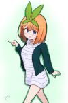  1girl :d bangs blush breasts commentary_request dress eyebrows_visible_through_hair go-toubun_no_hanayome green_jacket green_ribbon hair_between_eyes hair_ribbon hand_up highres jacket kujou_karasuma long_sleeves looking_at_viewer medium_breasts nakano_yotsuba open_clothes open_jacket open_mouth orange_hair pointing purple_eyes ribbon signature smile solo striped striped_dress 