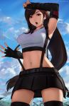  1girl 2boys aircraft arm_up bangs barret_wallace bike_shorts black_gloves black_legwear black_skirt breasts brown_hair cloud cloud_strife cloudy_sky crop_top day earrings elbow_gloves eyebrows_visible_through_hair final_fantasy final_fantasy_vii final_fantasy_vii_remake fingerless_gloves gloves hand_on_own_head highwind jewelry large_breasts long_hair looking_at_viewer miniskirt multiple_boys navel open_mouth outdoors panties red_eyes shorts shorts_under_skirt skirt sky sleeveless solo_focus stomach suspender_skirt suspenders sweat thighhighs tifa_lockhart twitter_username underwear unsomnus very_long_hair zipper zipper_pull_tab 