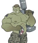  biceps camo camo_clothing camo_pants clothed clothing hi_res holding_object holding_weapon humanoid maldu male muscular muscular_male nipples not_furry orc pattern_clothing pecs simple_background solo topless weapon white_background 