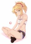  1girl bare_shoulders belt blonde_hair blush braid breasts brown_belt commentary darahan english_commentary fate/apocrypha fate_(series) fur_trim green_eyes long_hair looking_at_viewer mordred_(fate) mordred_(fate)_(all) patreon_logo ponytail shoes short_shorts shorts simple_background sitting smile solo white_background 