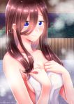  1girl absurdres blue_eyes blush breasts brown_hair cleavage closed_mouth collarbone eyebrows_visible_through_hair fujimori_shiki go-toubun_no_hanayome hair_between_eyes highres long_hair looking_at_viewer medium_breasts nakano_miku naked_towel night outdoors shiny shiny_hair sideboob solo steam towel twitter_username upper_body white_towel 