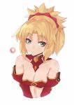  1girl bangs bare_shoulders blonde_hair blush braid breasts cleavage commentary darahan english_commentary eyebrows_visible_through_hair fate/grand_order fate_(series) green_eyes hair_ornament hair_scrunchie long_hair looking_at_viewer medium_breasts mordred_(fate) mordred_(fate)_(all) patreon_logo ponytail red_scrunchie scrunchie simple_background solo upper_body white_background 