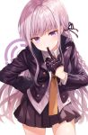  1girl absurdres arm_behind_back bangs biting blazer blush braid buttons collared_shirt cowboy_shot danganronpa danganronpa_1 eyebrows_visible_through_hair glove_biting gloves hands highres jacket kirigiri_kyouko leaning_forward long_hair long_sleeves looking_at_viewer miniskirt necktie open_clothes open_jacket open_mouth pleated_skirt purple_eyes purple_hair purple_skirt school_uniform shirt side_braid sidelocks simple_background skirt solo standing tokkyu_(user_mwwe3558) undershirt very_long_hair white_background white_shirt wing_collar 