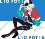  bangs belt casual character_name earrings hat highres jacket jewelry lio_fotia long_sleeves looking_at_viewer male_focus open_mouth pants promare purple_eyes rew241 shirt smile 