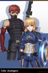  1boy 1girl absurdres ahoge armor artoria_pendragon_(all) assault_rifle avengers belt blonde_hair brilliant_naraku captain_america captain_america_(cosplay) cosplay costume_request emiya_shirou eyebrows_visible_through_hair face_mask fate/grand_order fate/stay_night fate_(series) finger_on_trigger fingerless_gloves gloves green_eyes gun highres looking_at_viewer looking_to_the_side mask orange_eyes red_hair reverse_grip rifle saber shield weapon 