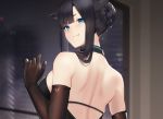  1girl bangs beige_background black_dress black_hair blue_eyes blunt_bangs braided_bun breasts choker commentary_request dress elbow_gloves from_behind gloves grey_background hayabusa large_breasts original room shutter_shades sidelocks solo upper_body wall window 