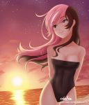 1girl arms_behind_back ass_visible_through_thighs black_swimsuit breasts brown_eyes brown_hair casual_one-piece_swimsuit cleavage closed_mouth collarbone contrapposto cowboy_shot cslucaris eyebrows_visible_through_hair floating_hair groin hair_between_eyes heterochromia long_hair medium_breasts multicolored_hair neo_(rwby) ocean one-piece_swimsuit outdoors pink_eyes pink_hair purple_sky rwby sky smile solo standing star_(sky) starry_sky strapless strapless_swimsuit sun swimsuit thigh_gap twilight two-tone_hair very_long_hair 