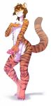  anthro balls beavertyan brown_hair eyewear felid girly glasses green_eyes hair hand_on_chest hand_on_penis hi_res humanoid_face humanoid_penis male mammal pantherine penis smile striped_tail stripes tiger tiger_stripes tiger_tail 