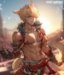  1boy abs absurdres animal_ears arm_at_side backlighting bangs bare_shoulders blonde_hair cat_ears cat_tail chest chest_tattoo clenched_hands collarbone commission copyright_name cowboy_shot day fang final_fantasy final_fantasy_xiv fingerless_gloves fur_collar gloves grin hajun_(hey_sangha) hand_up highres huge_filesize lips looking_at_viewer male_focus miqo&#039;te monk_(final_fantasy) navel nipples open_clothes open_vest outdoors pants pectorals purple_eyes short_hair smile solo stomach stomach_tattoo sun sweat tail tattoo toned twitter_username vest watermark web_address 