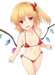  1girl :d bangs bare_arms bare_shoulders bikini blonde_hair blush bow breasts commentary_request cowboy_shot crystal fang flandre_scarlet hair_between_eyes hair_bow halterneck highres looking_at_viewer micro_bikini miyo_(ranthath) navel no_hat no_headwear one_side_up open_mouth red_bikini red_bow red_eyes short_hair side-tie_bikini simple_background small_breasts smile solo standing stomach swimsuit thighs touhou white_background wings 